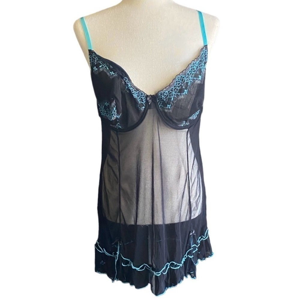 NWT-POPSI LINGERIE-BLACK WITH BLUE TRIM-SIZE 1X